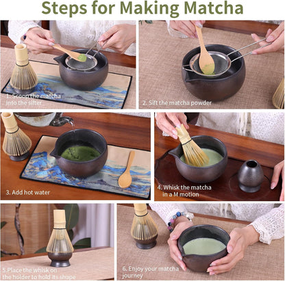 Japanese Matcha Whisk Set - 6-Piece Kit with Bamboo Chasen, Matcha Ceramic Bowl with Spout, Stainless Steel Sifter Gold Black