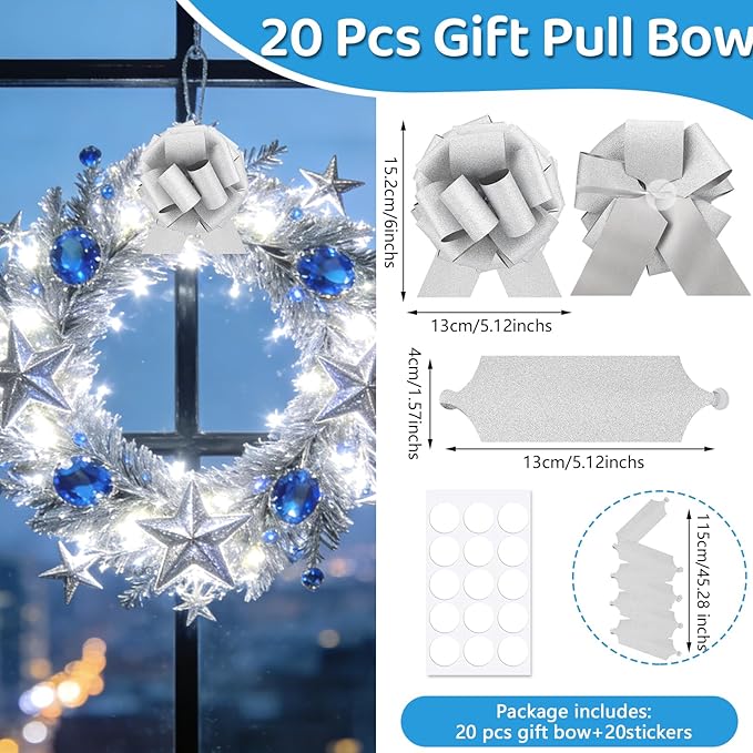 20 pcs Silver Pull Bow for Gift Basket Wrapping Xmas Gift Bows Presents Adhesive Wrap Ribbon Bow for Christmas Tree Ornament Wine Bottles Bouquet Flower Valentine's Day Party Decor (Silver-L)