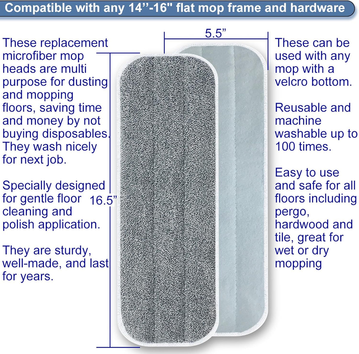 Microfiber Replacement Mop Pads 16.5''x5.5'' Compatible with Most Reveal Mop, 5 Packs Reusable Wet/Dry Floor Cleaning and Scrubbing Mops Refill Fit 14” to 16” Spray Mop Heads