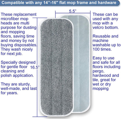 Microfiber Replacement Mop Pads 16.5''x5.5'' Compatible with Most Reveal Mop, 5 Packs Reusable Wet/Dry Floor Cleaning and Scrubbing Mops Refill Fit 14” to 16” Spray Mop Heads