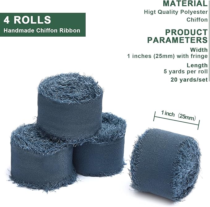 4 Rolls Dark Dusty Blue Handmade Fringe Chiffon Silk Ribbon 1" W x 5Yd Per Roll,Frayed Edges Ribbon Set for Gifts Wrapping,Wedding Invitations,Bouquets,DIY Crafts (1" x20Yd, Dark Dusty Blue)