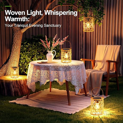 KOOPER Solar Lantern Outdoor Lights, 4 Pack Bright Hanging Solar Lanterns Outdoor Waterproof with Handle, Decoration Rattan Lanterns for Outside Hanging Garden Patio Yard Porch Trees Lawn Pathway Gift