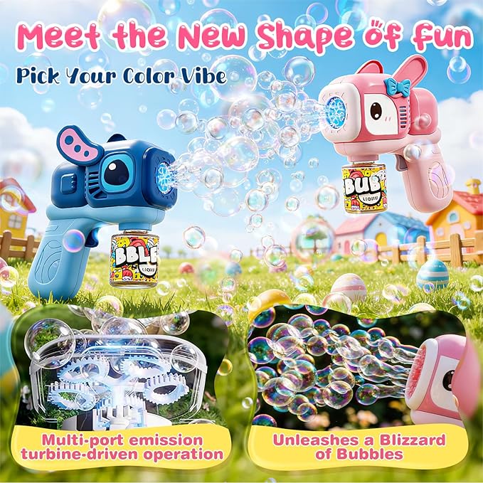 2 Pack Bunny Bubble Machine Gun for Toddlers,Fast Bubble Blast 10,000+ BPM, Leak-Proof Bubble Blower with LED Lights, Outdoor Spring Easter Toy Gift for Boys Girls Ages 3-6