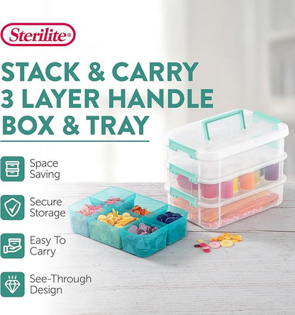 Sterilite 12 Pack Plastic Storage Box Container, 3 Layer, Stack and Carry, Clear/Blue