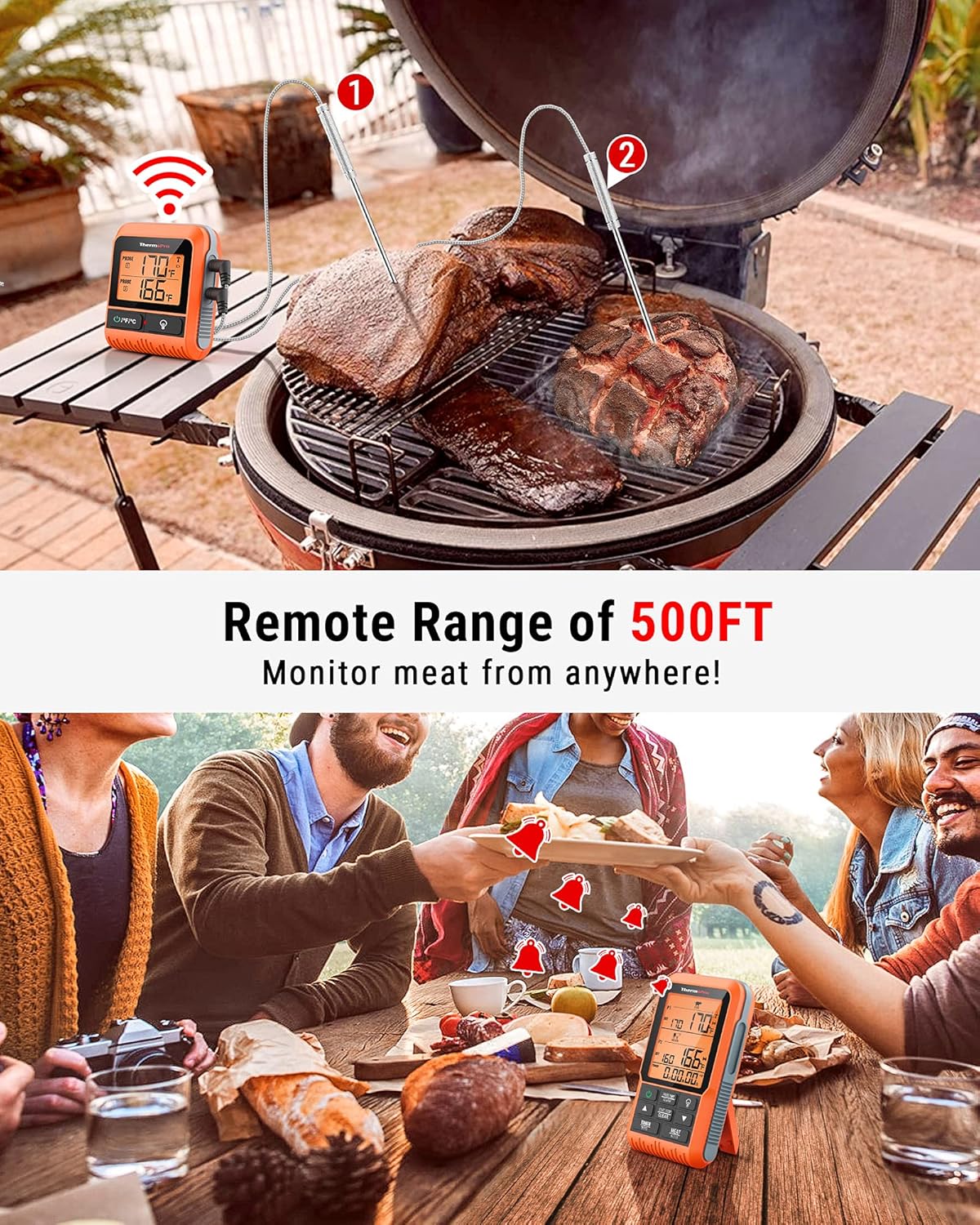 ThermoPro TP826 500FT Wireless Meat Thermometer, Dual Meat Probe Cooking Thermometer with HI/Low Alert, Food Grill Temperautre probe