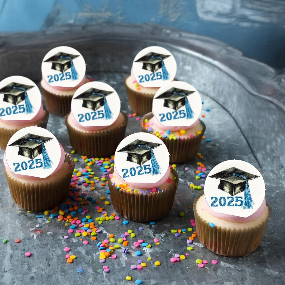 Gyufise 48Pcs Edible 2025 Graduation Cap Cupcake Toppers Wafer Paper Class of 2025 Grad Cap Cupcake Picks for 2025 Graduation Theme Party Cake