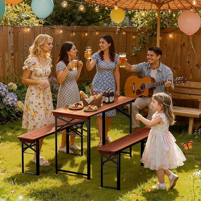 VINGLI 45 Inch Folding Picnic Tables with Benches Set, Weather-Resistant Wooden Beer Garden Table Bench, 3-Piece Portable Fold Up Camping BBQ Table,Walnut Color