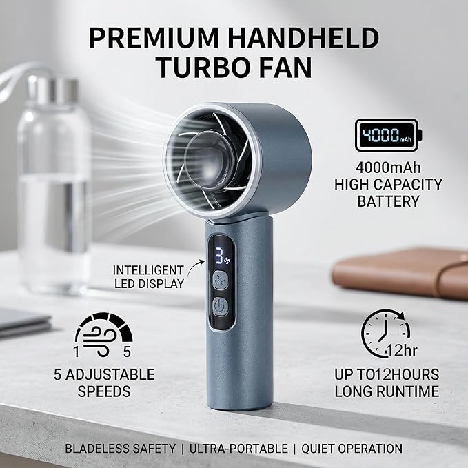 Handheld Fan 4000mAh,Portable Personal Fan with 5 Speeds&LED Digital Display,9-12H Long Battery Life,Turbo Brushless Motor,Strong Wind Rechargeable Fan for Home Office Outdoor Travel (blue)