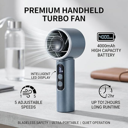 Handheld Fan 4000mAh,Portable Personal Fan with 5 Speeds&LED Digital Display,9-12H Long Battery Life,Turbo Brushless Motor,Strong Wind Rechargeable Fan for Home Office Outdoor Travel (blue)