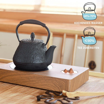 Cast Iron Teapot, 32oz Tea Kettle with Infuser for Stove Top, Sakura Blossom Pattern Japanese Tea Pot for Tea &amp; Coffee Coated with Enameled Interior, Silicone Handle 950ml black
