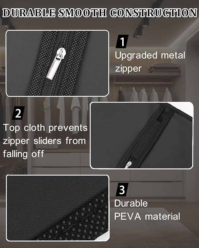 47-Inch Garment Bags for Hanging Clothes, Clear Window Dust-Proof Suit Bags for Suits Coats Dresses - Closet Storage & Travel Garment Covers (Black)