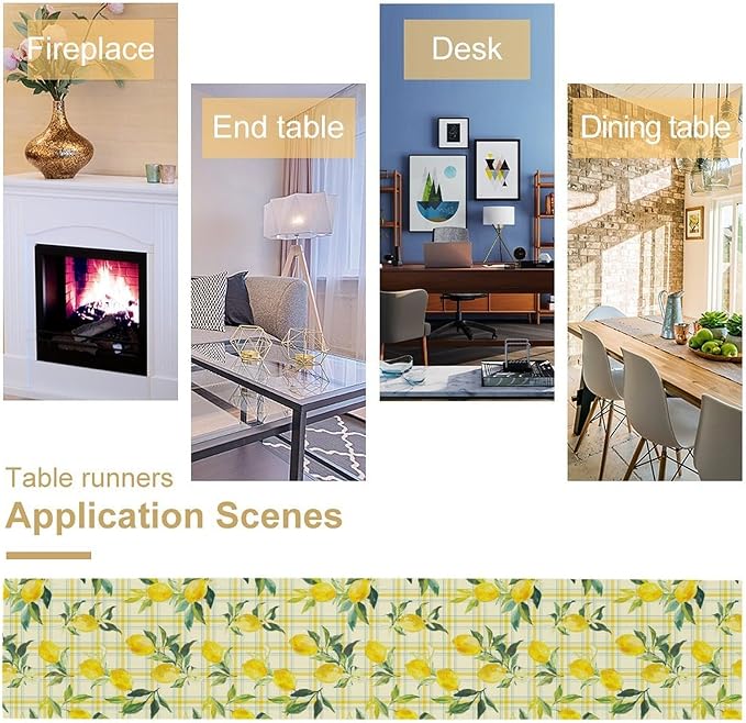 Yellow Plaid Lemon Table Runner Nature Watercolor Plant Countryside Farm Fruit Aesthetic Dining Table Decoration for Home Holiday Party Dresser Kitchen Cabin Restaurant Wedding Decor 13×120in