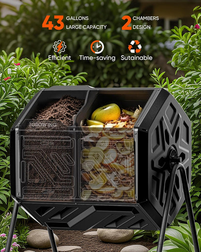 THEGROW'ING Updated 43 Gallon Compost Bin Outdoor, Fast Assemble Tumbling Composter, Dual Chamber Composter Tumbler, Rotating Compost Bin for Outside, Backyard, Garden and Yard, Black