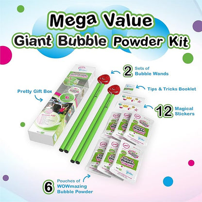 WOWmazing Mega Value Big Bubble Kit: 2 Large Bubble Wands 6-Pack of Big Bubble Powder (Makes 6 Gallons) | Outdoor Toy for Kids, Boys, Girls | Powder Made in USA