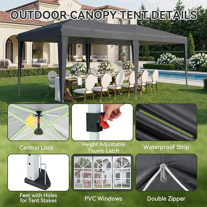 Aoxun 10x20 Pop Up Canopy Tent with 6 Removable Sidewalls, One Push Party Tent Waterproof Outdoor Canopy with 3 Adjustable Height, Portable Tents for Parties, Wedding, Commercial, Market
