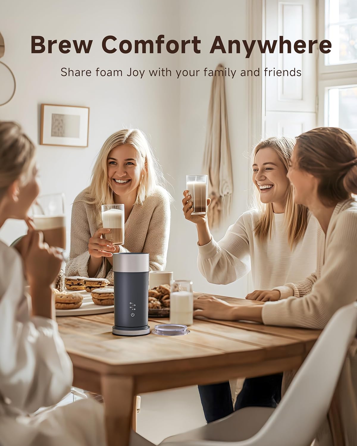 IPX6 Waterproof Electric Milk Frother and Steamer – 4-in-1 Coffee Frother for Hot & Cold Foam, Single-Button Control, Quick 80s Frothing