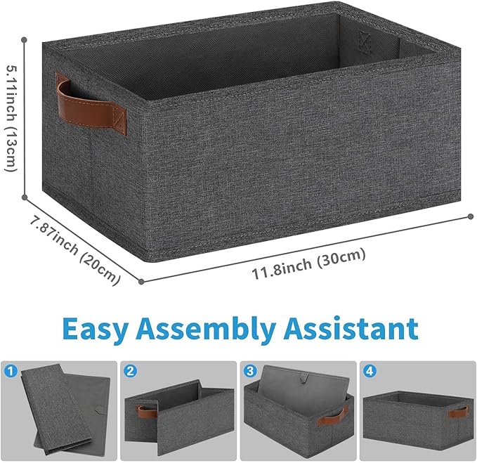 GhvyenntteS Small Fabric Storage Bins 6 Pack, 11.8" x 7.87" x 5.11" Storage Basket with Leather Handles, Closet Storage Bins for Shelves, Storage Baskets for Shelves, DVD Storage (Grey)