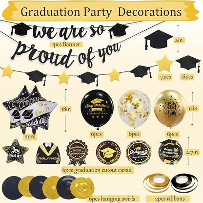 Graduation Decorations Class of 2026, Black and Gold Graduation Balloons with Hanging Swirl, We are So Proud of You Banner, Congrats Grad Garland Party Supplies