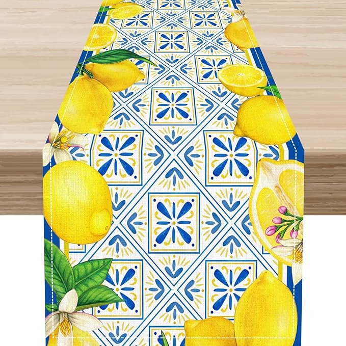 Lemon Table Runner, Blue Tile Yellow Vintage Moroccan Summer Seasonal Fresh Fruits Coffee Cafe Vintage Table Center Decor for Home Kitchen Dining Party Patio Indoor Outdoor, 13"x90" Inch