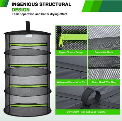 Yesker 4 Layer Herb Drying Rack Hanging Mesh Net Foldable Plant Drying Racks 24" Diameter with Green Zipper & Hook Dryer Hanging Rack for Herbs Seed Bud Fruit Clothes Grow Tent Closets Garden Outdoor