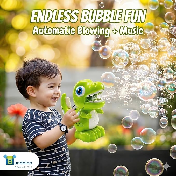 Dino Bubble Blower for Kids, Automatic Bubble Machine with Lights & Sounds, Includes 2 Bottles of Bubble Solution & Funnel, Fun Dinosaur Bubble Toy for Toddlers & Kids Ages 3+