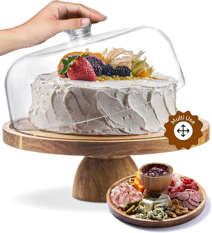 Acacia Wood Cake Stand with Lid - 12in Round Cake Holder, 2-in-1 Dessert Table Display Set & Charcuterie Board for Cheese, Chips & Dips, Nachos