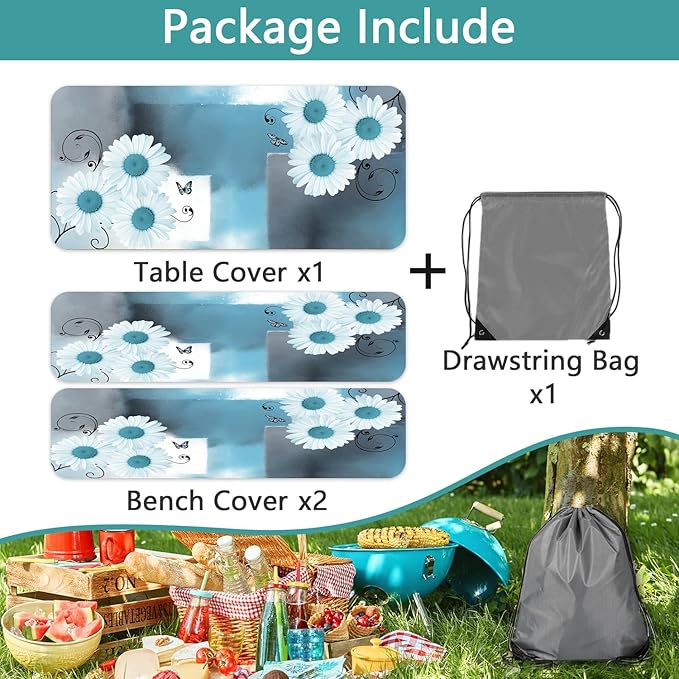 Picnic Table Cover with Bench Covers and Bag, Daisy Outdoor Waterproof Windproof Tablecloth with Elastic Edges. Camping Accessories RV Gear Campers Must Have 72x30 Inches 3 Pcs Set (Teal)