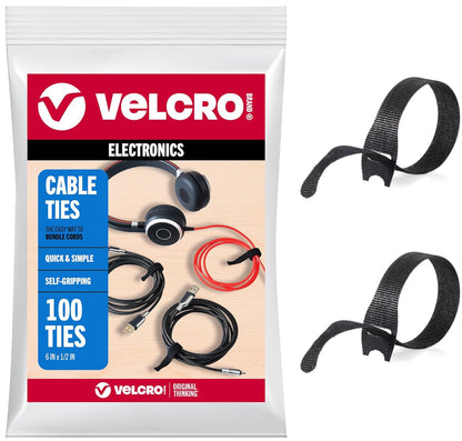 VELCRO Brand Reusable Cable Ties, 100 Pack 6 Inch Cable Management Ties, Cord Wraps for Electrical Cords, Black