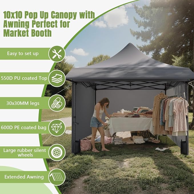10x10 Pop Up Canopy Tent with Awning and Sidewalls, 550D Commercial Canopy, Waterproof Party Tent with Roller Bag, Grey