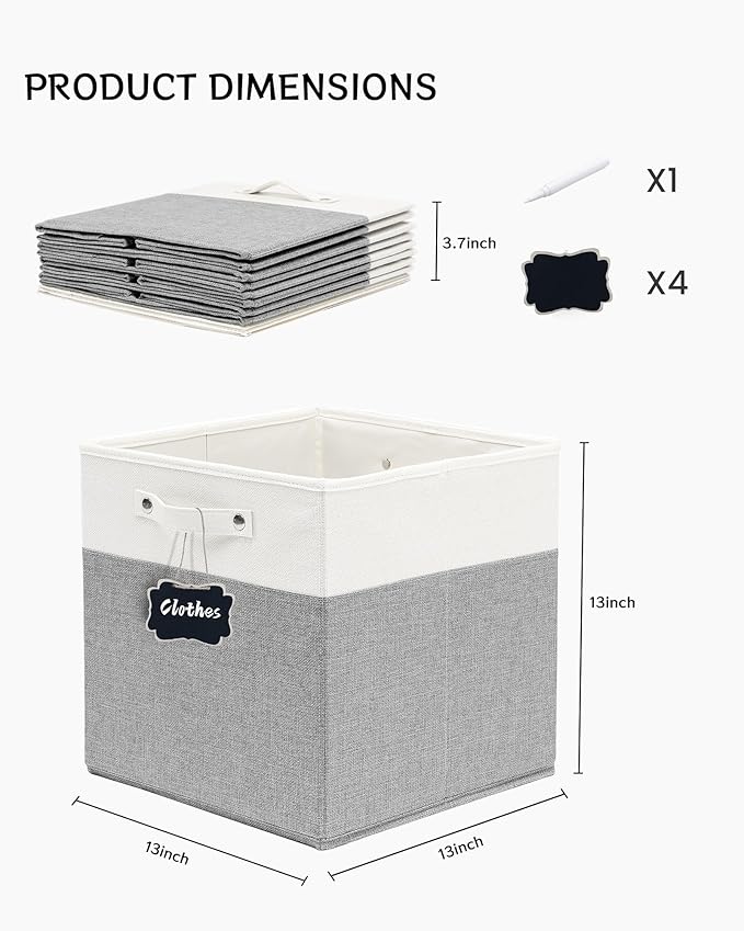 FinishingBo 13x13x13 Inches Fabric Storage Bin with Handles, Cube Storage Bins, Storage Baskets for Organizing Shelf Home Closet,4 Pack (White and Grey)