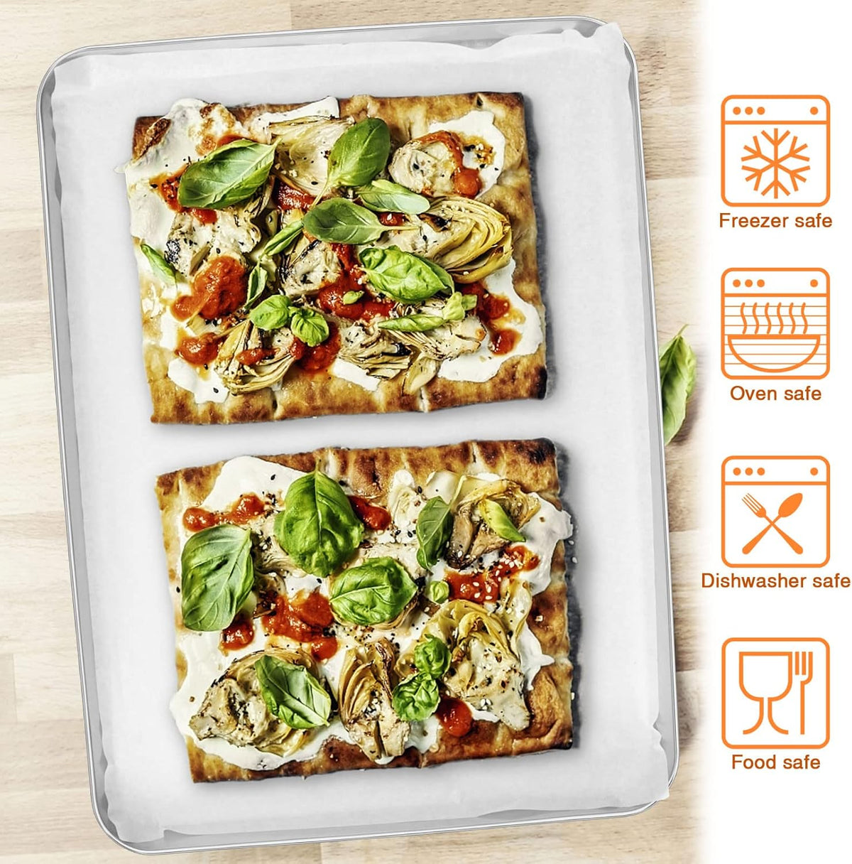 E-far Baking Cookie Sheet Set of 2, 16”x12” Stainless Steel Baking Sheet Pan with 50 Parchment Paper, Rectangle Baking Tray for Cooking Roasting, Rust Free & Heavy Duty, Oven & Dishwasher Safe