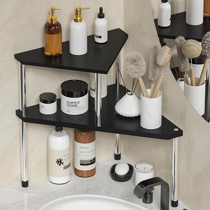 Weenson Bathroom Counter Organizer Over Sink for Toiletries, Makeup, Kitchen Countertop Organizer Spice Rack for Salt, 2-Tier Corner Counter Shelf for Coffee Area Storage Dresser Table(Black)