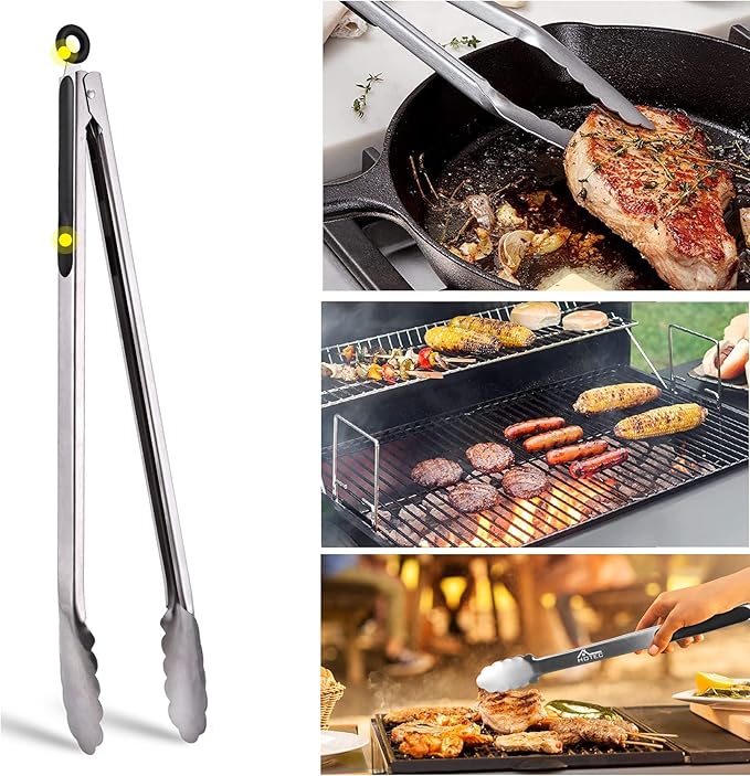 Hotec Stainless Steel Kitchen Tongs, 16 Inch Extra Long Locking Metal Food Tongs for Cooking, Serving, BBQ, Grill Non-Slip Grip