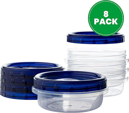 PLASTICPRO [8 oz 8 Pack] Twist Top Deli Containers Clear bottom With blue Top Twist on Lids Reusable, Stackable, Food Storage Freezer Container