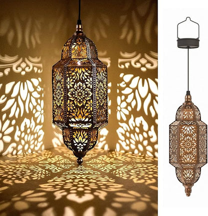 Twinkya Hanging Solar Lights Outdoor Garden Decorative Solar Lantern Waterproof Metal Moroccan Outdoor Decorations for Patio Pathway Yard Porch Backyard Garden Decor (Gold, 1 Pack)