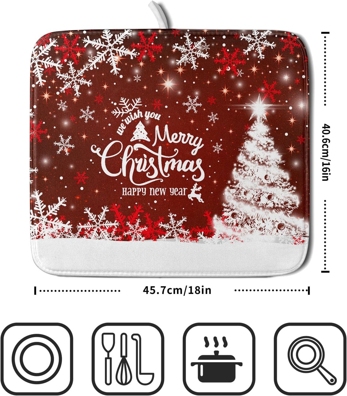 Happy New Year Red Dish Drying Mat for Kitchen Counter,Merry Christmas Tree Snowflake Drying Mat 16 x 18 Inch with High Absorbent Reversible