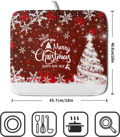 Happy New Year Red Dish Drying Mat for Kitchen Counter,Merry Christmas Tree Snowflake Drying Mat 16 x 18 Inch with High Absorbent Reversible
