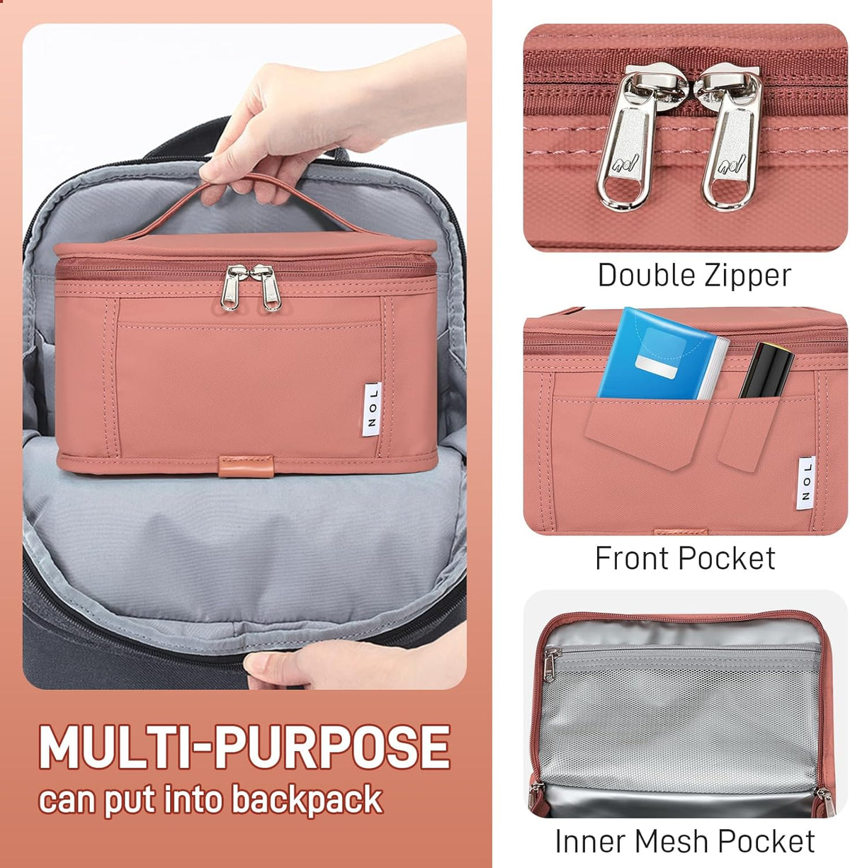 NOL Natural Organic Lifestyle Small Lunch Bag Mini Lunch Box Insulated Lunch Bag for Men/Women Leakproof Cooler Tote Bag Lightweight Nylon Waterproof Lunch Box For Work, Dark pink