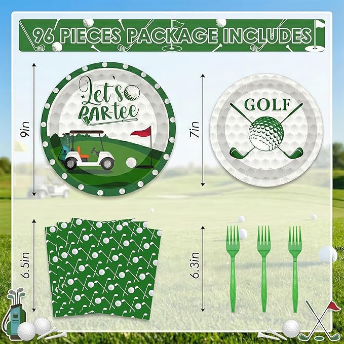 96 Pcs Golf Party Decorations Tableware Set Let's Partee Time Disposable Dessert Plates Napkins Forks for Table Supplies Favors for Birthday Party Serve 24 Guests