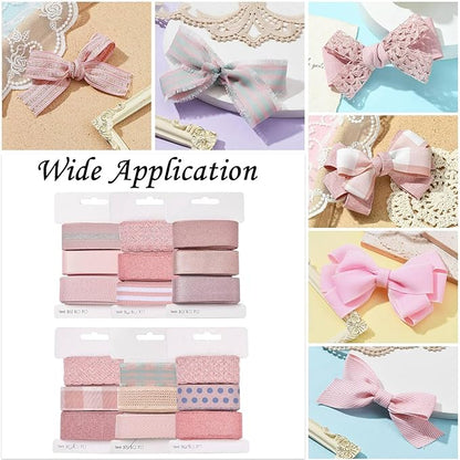 BEEFLYING 3 Styles Pink Wire Edged Ribbons for Gift Wrapping Decoration 25~28mm×2.7m Herringbone Ribbon Spot Ribbon for Wedding Party Decoration Hair Bows Flower Designs Sewing and Craft, 9 Yards