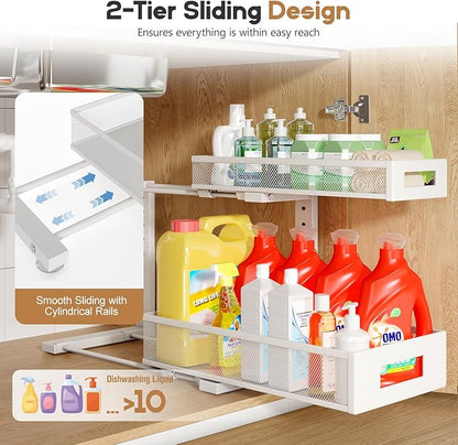 1 Pack 17IN Depth Under Sink Storage Organizer, Large 2-Tier Elegant Mesh Pull Out Shelf for Kitchen and Bathroom Cabinet Organization, L-Shaped and Adjustable Height Design-White