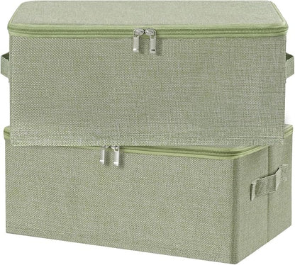 ANMINY 2PCS Storage Bins with Zipper Lids 13 Qt Lidded Fabric Storage Boxes Baskets Cubes with Handles Collapsible Washable Cotton Linen Closet Shelf Clothes Organizer Containers - Green, Small