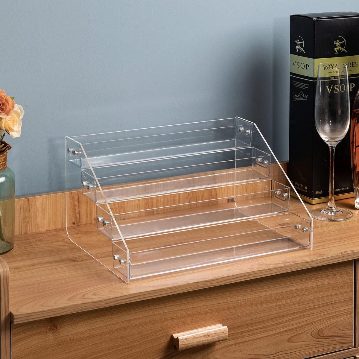 Acrylic Spice Rack, Tiered Spice Rack Shelf Seasoning Organizer for Countertop, Cabinet, Pantry, Kitchen Storage - 4 Tier
