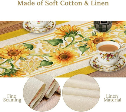 Yellow Sunflower Table Runner, Spring Summer Seasonal Floral Farmhouse Rustic Vintage Flower Print Table Cover for Home Kitchen Dining Table Decor Party, 13x60inch