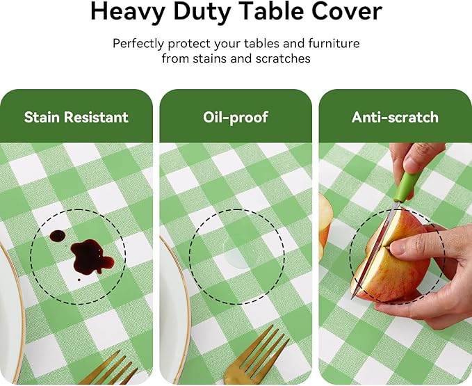 Romanstile Rectangle Vinyl Tablecloth, 100% Waterproof Buffalo Gingham Plastic Table Cloth, Heavy Duty Wipeable Checkered Table Covers for Outdoor, Camping, Picnic, Patio - 54 x 108, Light Green