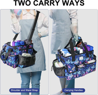 Cleaning Organizer, Large Caddy Bag for Supplies, Housekeeper's Bag with Handle (Blue Leaf)