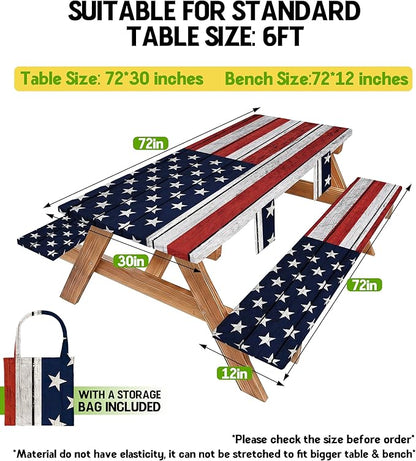 Picnic Table Cover with Bench Covers Waterproof Rectangle Tablecloth Camping Essentials Supplies Rv Travel Must Haves Gear Accessories Fitted Table Cloth Outdoor Road Trip Camper Gifts American Flag