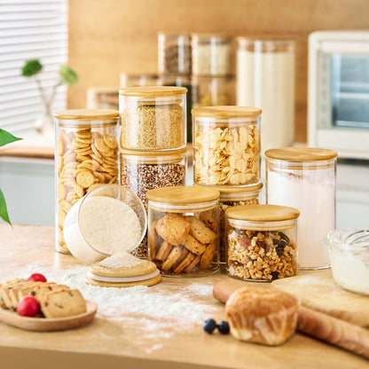 32oz & 21oz - 4 Pack Glass Jars with Bamboo Lids, Glass Pantry Storage Containers with Airtight Lids