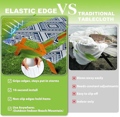 Fitted Picnic Table Cover with Bench Covers Waterproof Elastic Edges Rectangle Patio Tablecloth Outdoor Camping Essentials Stuff Rv Accessories Summer Trip Travel Camper Gifts for Woman Men, 72in 6 ft