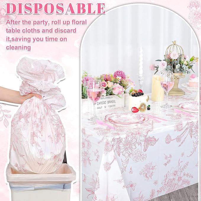 3 Pcs Pink Floral Plastic Tablecloths, 54 X 108Inch Tea Party Tablecloth Disposable Wedding Table Cloth Pink and White Porcelain Tables Decor for Garden Wedding Tea Party Birthday Baby Bridal Shower
